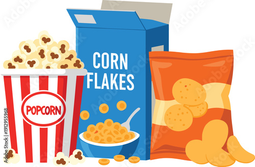 Colorful vector illustration of popcorn container, corn flakes box with bowl and spoon, and potato chips bag, showcasing snack packaging, branding, and product design concepts.