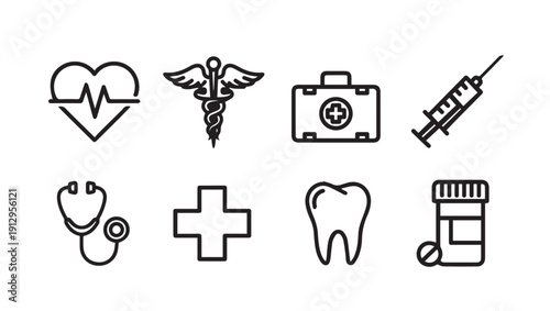 Medical Icons Set: Heartbeat, Caduceus, First Aid, Syringe, Stethoscope, Cross, Tooth, Pills