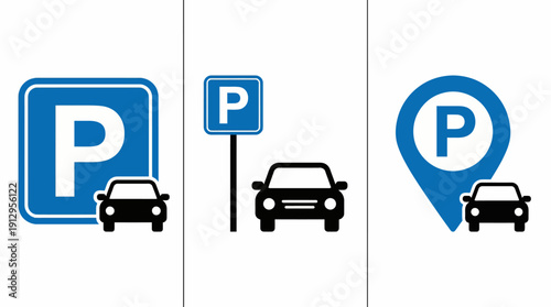 Set of blue parking signs with stylized car icons indicating parking zones and lots in a modern vector signage style.