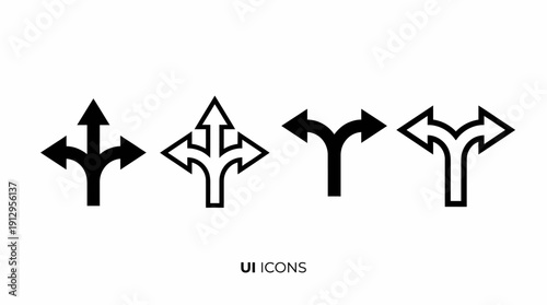 Set of four black road intersection icons showing turn and merge directions on white background, vector-style signs for traffic illustration