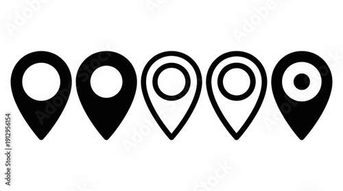 Five location pin icons in filled and outline styles for maps, navigation, and geolocation design