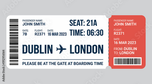 Travel boarding pass illustration showing Dublin to London flight details, passenger name John Smith, seat 21A, boarding time 06:30