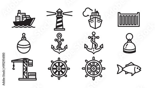 Nautical Icons Collection: Ships, Anchors, Lighthouse, Crane, Wheel, Fish, Buoy