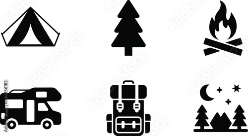 Silhouette illustration of camping and outdoor icons including tent, pine tree, campfire, RV, backpack, and nighttime camping scene for nature, travel, and adventure themes