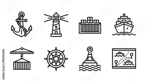 Nautical Icons Set: Anchor, Lighthouse, Ship, Container, Wheel, Buoy, Map - Line Art