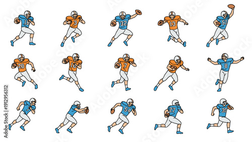 Comprehensive set of fifteen American football players in various action poses like running, passing, and catching.
