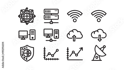 Network Technology Icons Set: Servers, Cloud, WiFi, Security, Data Graphs, Satellite