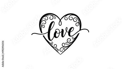 Elegant black heart frame with swirling decorative patterns and stylish love calligraphy at the center for romantic projects.