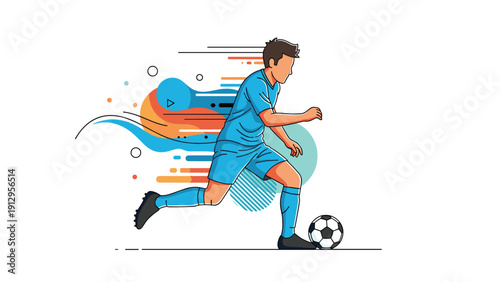 Dynamic illustration of a male soccer player in a blue uniform dribbling a ball with colorful abstract speed lines behind him.