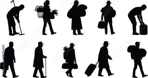 People walking silhouettes with bags, tools and luggage collection, traveler worker character poses vector set, urban lifestyle black illustration isolated on white