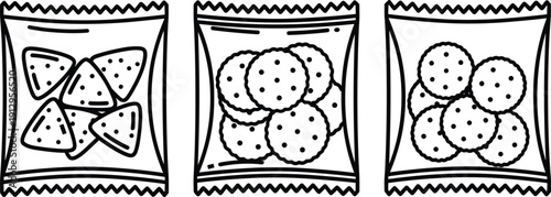 "Black and white snack bag icon collection featuring triangular chips, scalloped crackers, and smooth crackers for packaged food branding, retail, and marketing projects"