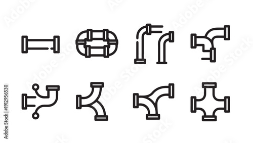Plumbing Pipe Fittings Icons Collection, Vector Set, Simple Line Art