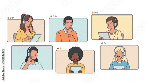 Online meeting platform interface showing a diverse group of people participating in a video conference with headsets and tablets.