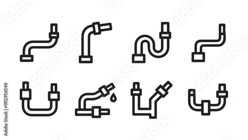 Plumbing Pipe Fittings Set Icons, Various Bend and Connector Shapes, Line Art, Stock Media