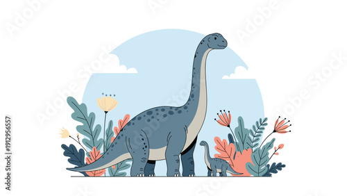 Majestic long-necked brachiosaurus dinosaur standing with a small juvenile offspring in a colorful prehistoric jungle setting.