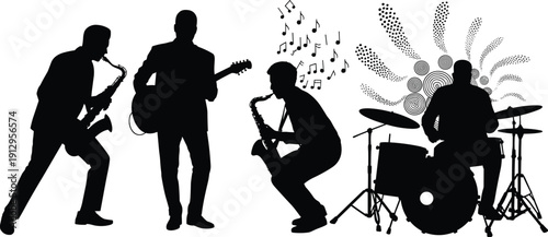 Silhouette illustration of four-member band performing with saxophones, electric guitar, and drum set, featuring musical notes and abstract sound wave patterns for music and design themes