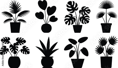 Potted plant silhouette collection isolated on white background, indoor tropical houseplant vector set for home decor design, botanical illustration bundle