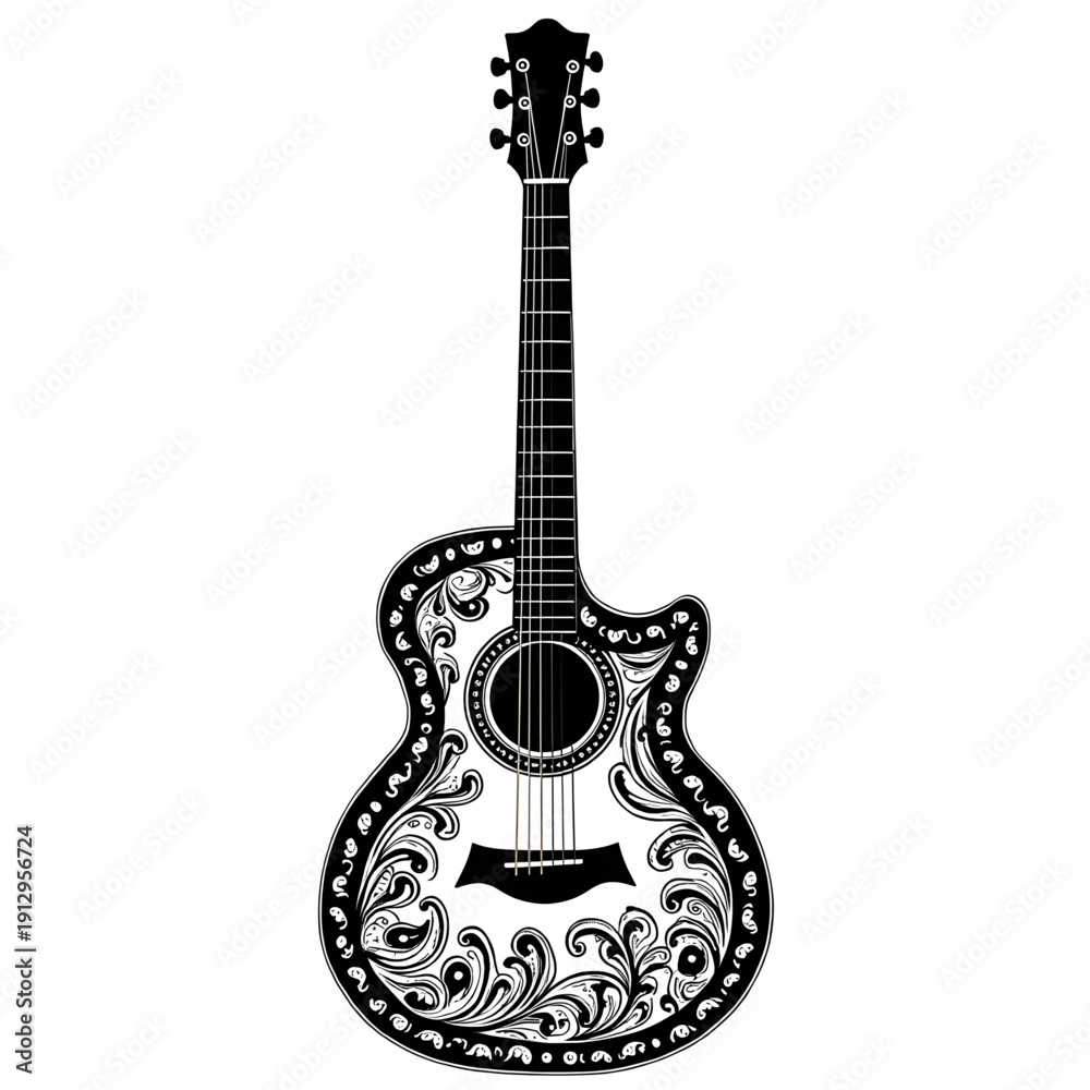 Obraz premium Ornamental Guitar Silhouette: A meticulously crafted acoustic guitar in an elegant black and white silhouette, adorned with intricate floral patterns, showcasing artistry and musical passion.