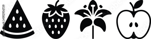 Silhouette illustration of fruit and flower icons including watermelon slice, strawberry, stylized flower, and halved apple for nature, food, and design themes