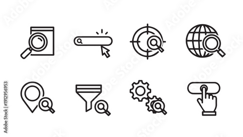 Search Engine Optimization Icons Set: Magnifying Glass, Globe, Gears, Filters, Location