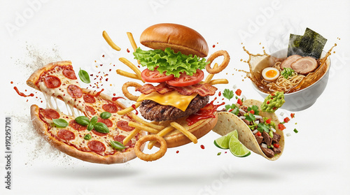 Delicious Fast Food Explosion with Flying Ingredients and Cheese Splash Isolated on White Background