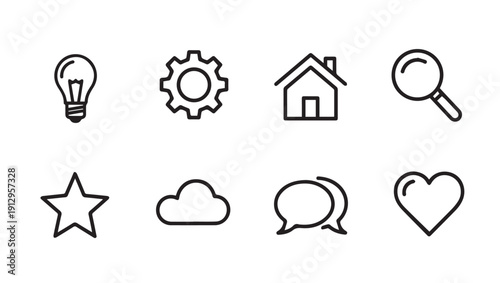 Set of 8 simple line icons: lightbulb, gear, house, magnifying glass, star, cloud, chat bubble, heart