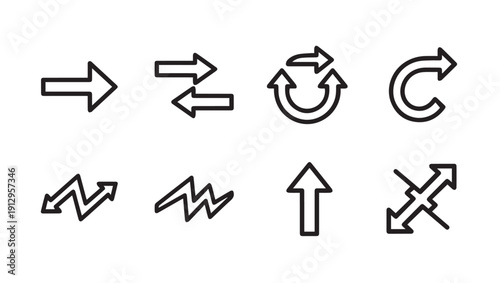 Set of black arrow icons on a white background, vector illustration