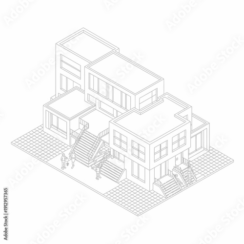 Isometric line drawing of modern multistory building with people outside  architectural design concept