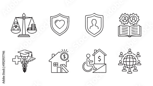 Social Security Icons Set: Justice, Health, Safety, Education, Housing, Disability, Community