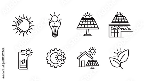 Solar Energy Icons Set: Sun, Lightbulb, Battery, House, Gear, Leaves