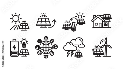 Solar Energy Icons: Sun, Battery, Wind Turbine, Bulb, House, Globe, Clouds, Stock Vector