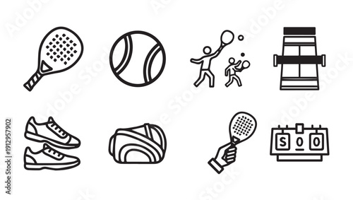 Sports Icons: Tennis Racket, Ball, Players, Bag, Shoes, Scoreboard