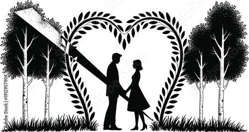 Silhouette illustration of romantic couple holding hands inside heart-shaped branches, surrounded by forest trees and pencil element for love, nature, and creative themes