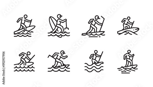 Stand Up Paddleboard Icons Set, Water Sports Outline Vector Collection