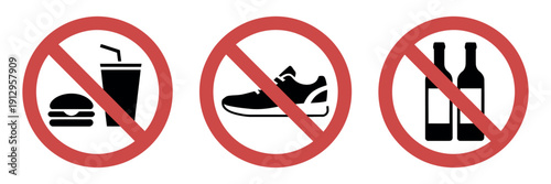 Prohibition Vector Sign Set, No Smoking Eating Alcohol Dogs Symbols