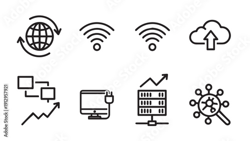 Technology Icons Set: Global Network, Wifi, Cloud Upload, Analytics, Computer, Server, Search - Stock Media