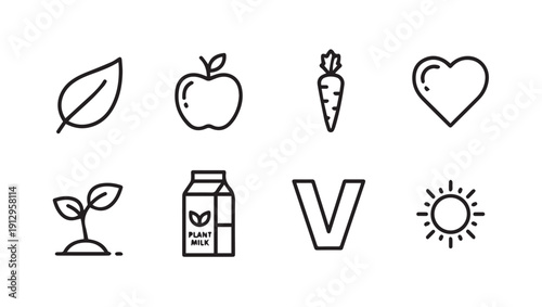 Vegan Lifestyle Icons: Leaf, Carrot, Heart, Plant, Milk, V, Sun