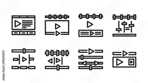 Video Player Icons with Play Buttons and Sliders, Set