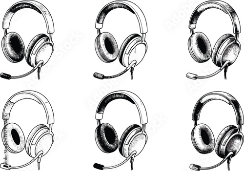 Silhouette illustration of six headset designs with microphones, showing variations in ear cup shape, headband style, and mic placement for audio, gaming, and communication themes