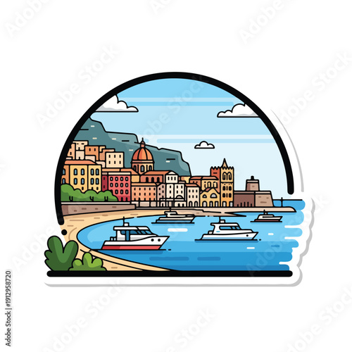 A vibrant coastal town with boats in the harbor, surrounded by mountains, viewed from a semicircular illustration perspective