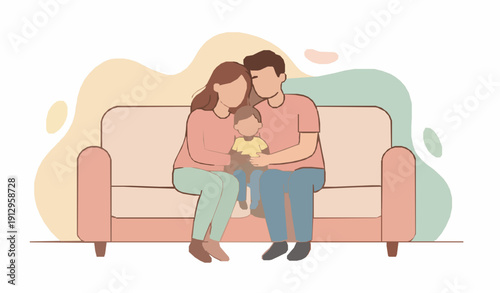 Family portrait on sofa: A loving family, comprised of parents and a child, sits together on a comfortable sofa, conveying warmth and affection. The scene depicts a harmonious family environment.