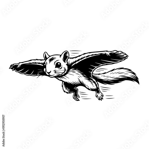 Whimsical black and white illustration of a flying squirrel-like creature in flight