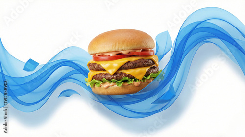 Delicious Double Cheeseburger with Abstract Blue Wave and Steam Elements Isolated on White Background