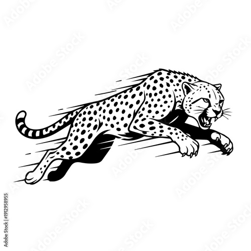 Graceful black and white cheetah in mid-sprint across an open plain