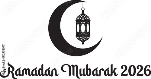 Minimalist Crescent Moon and Lantern Vector with Ramadan Mubarak 2026 Arabic Calligraphy