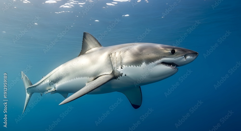 Fototapeta premium A majestic gray shark swims through the clear blue ocean waters