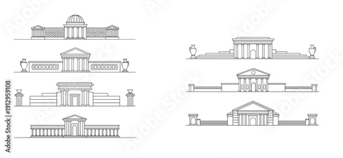 Museum architectural sketches with various styles and designs