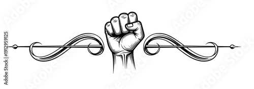 Fist symbolizing strength and resistance, black and white, graphic design, copy space