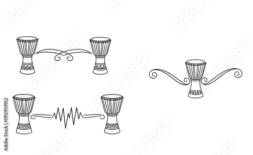 Musical drums illustrations in a decorative style with rhythm waves 