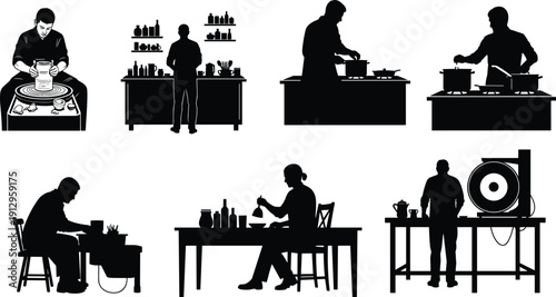 Black silhouette illustration of six scientists performing diverse laboratory experiments with equipment, showcasing chemistry, research, and scientific activity in professional lab settings